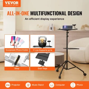VEVOR Projector Stand with Wheels, Laptop Stand Tripod Adjustable Height from 31.3 to 67.3", Projector Tripod Stand with 2 Trays & Gooseneck Phone Holder, for Outdoor Movies, Home, Office or Studio